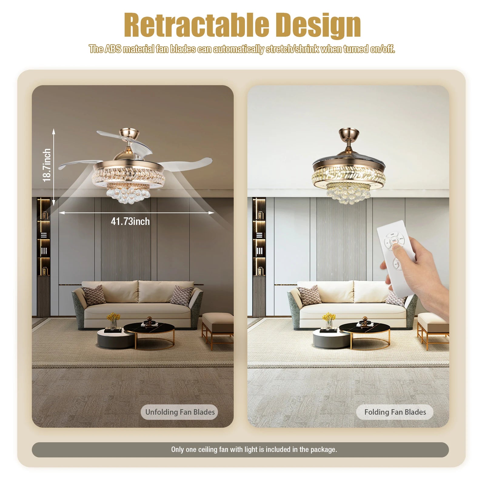 Retractable Crystal Ceiling Fan Light 42" Gold LED Chandelier with Remote Dimmable 3-Color Modes Quiet & Elegant for Modern Interiors - Nova Electronics