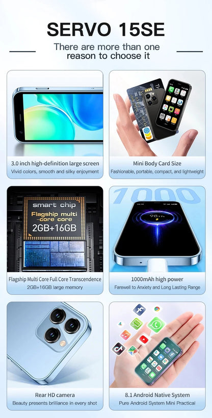 SERVO 15SE Mini Smartphone 3G WCDMA Android System WiFi Hotspot Play Store 3.0" Display Small Palm Smart Phones Dual SIM Standby