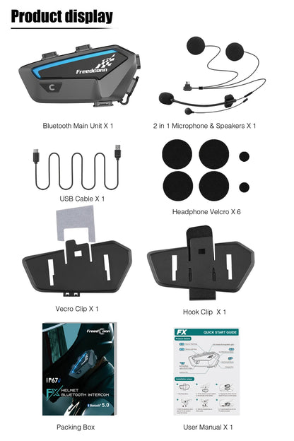 FreedConn FX Motorcycle Bluetooth Intercom Headset for 10 Riders - Crystal Clear Audio, 1.2 Mile Range, Waterproof - Nova Electronics