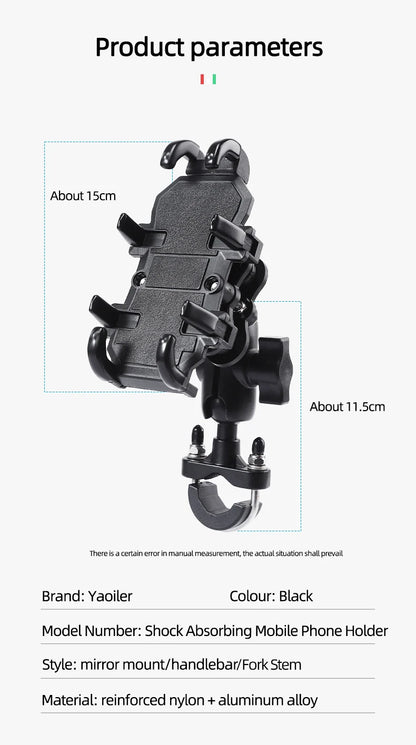 Motorcycle Bike Phone Holder w/ Shock Absorbe Handlebar Fork Stem Mount GPS Clip for 4.7-7.1 inch Shockproof Mobile Phone Stand - Nova Electronics