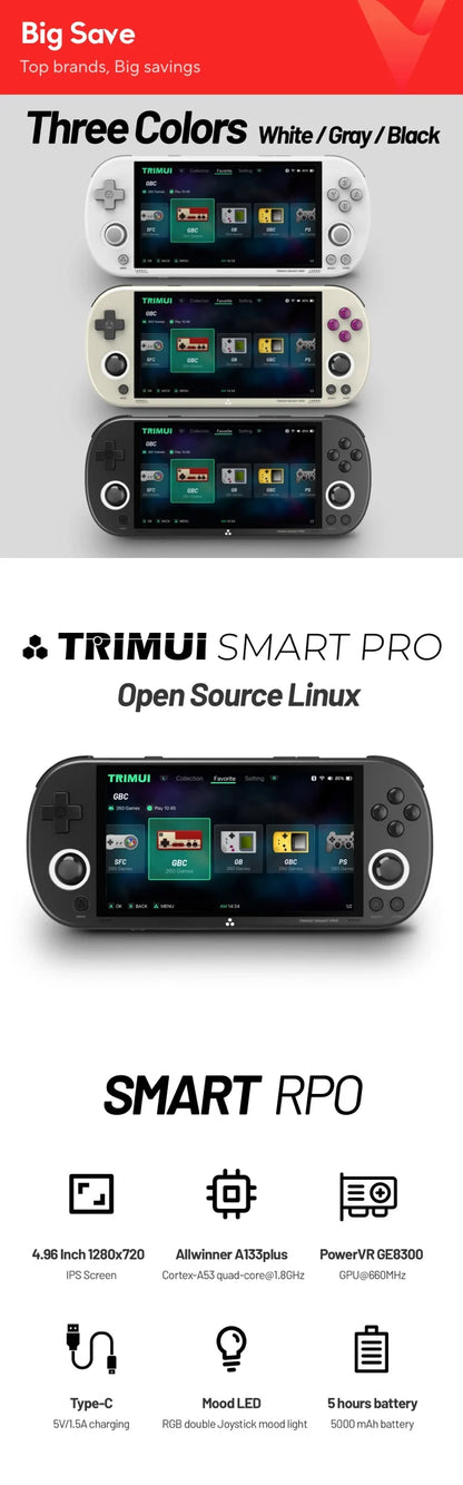 Trimui Smart Pro Handheld Game Console 4.96''IPS Screen Linux System Joystick RGB Lighting Smartpro Retro Video Game Player Gift
