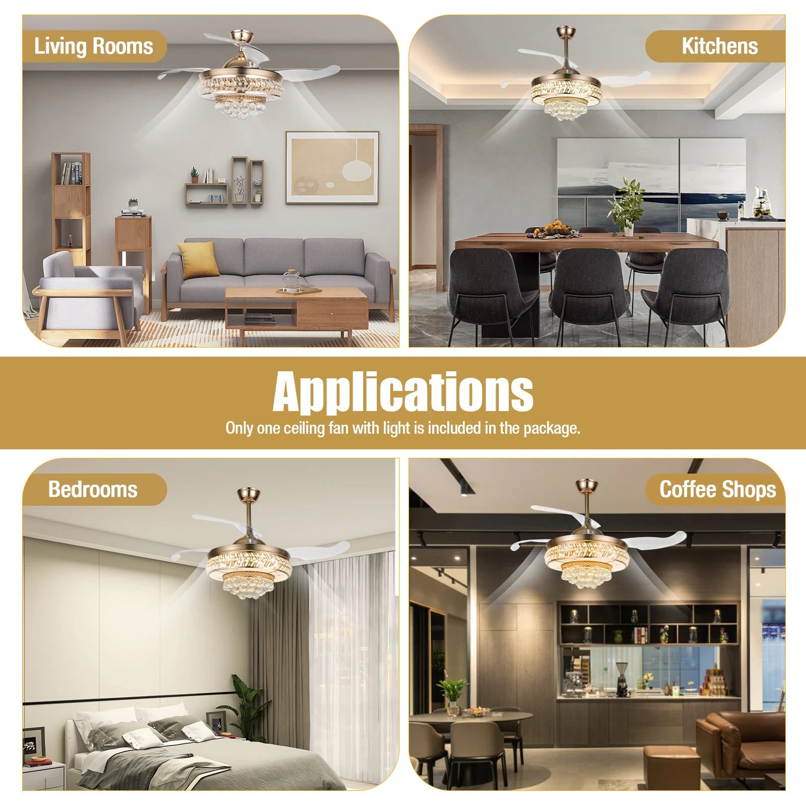 Retractable Crystal Ceiling Fan Light 42" Gold LED Chandelier with Remote Dimmable 3-Color Modes Quiet & Elegant for Modern Interiors - Nova Electronics