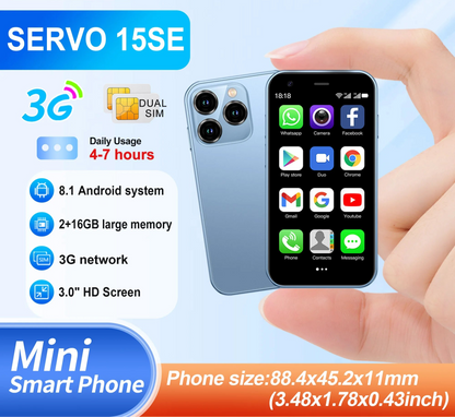 SERVO 15SE Mini Smartphone 3G WCDMA Android System WiFi Hotspot Play Store 3.0" Display Small Palm Smart Phones Dual SIM Standby