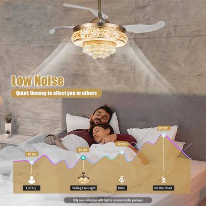 Retractable Crystal Ceiling Fan Light 42" Gold LED Chandelier with Remote Dimmable 3-Color Modes Quiet & Elegant for Modern Interiors - Nova Electronics
