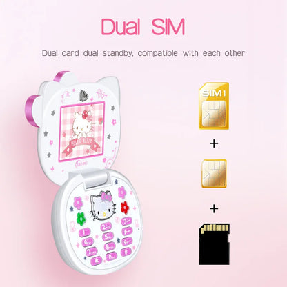 2024 New Kawaii Sanrio Hello Kitty Flip Phone Cartoon Cute Children White Pink Mini Phone Birthday Gifts For Kids Toys For Girls